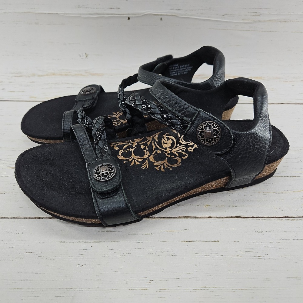 Aetrex Jillian Braided Quarter Strap Sandals Black Leather Arch Support Size 9